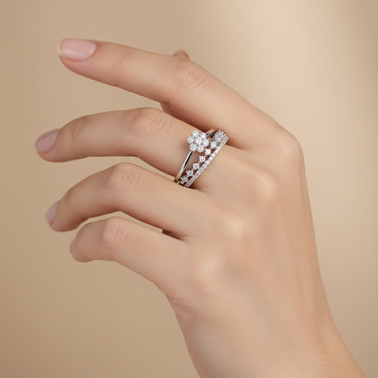 925 Silver Triple Band Floral Crown Ring