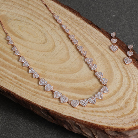 925 Silver Heart Studded Necklace (Rose-Gold Finish)