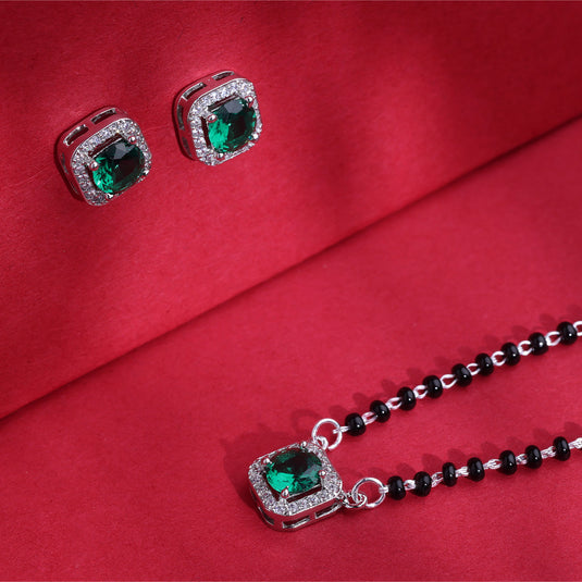 925 Silver Green Stone Square Cut Mangalsutra Set