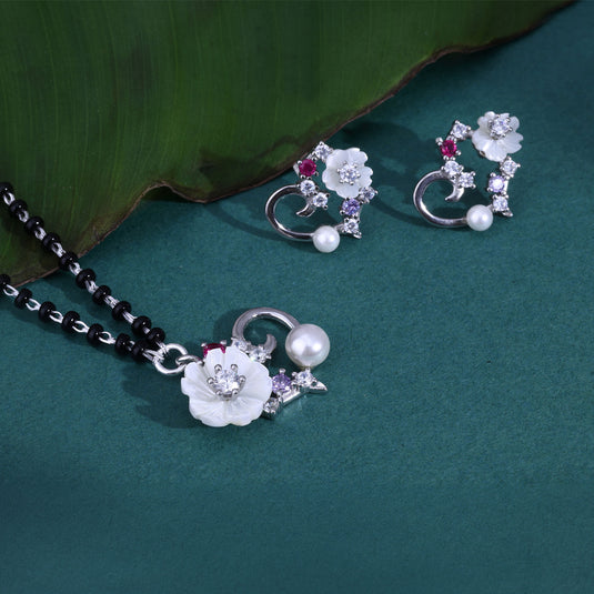 925 Silver Blooming Heart with Pearl Detail Multicolour Mangalsutra Set