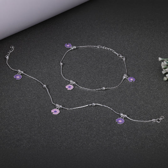 925 Silver Lavendar Enamel Daisy Anklet