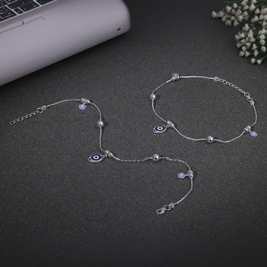 925 Silver Enamel Evil Eye & Lavendar Flower Anklet
