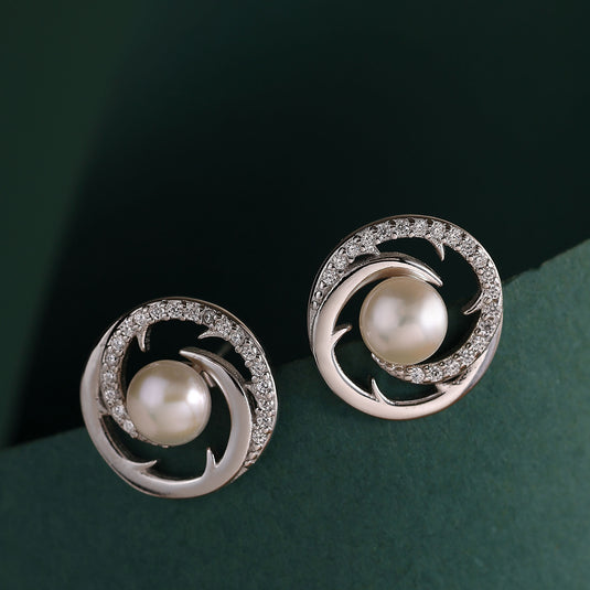 925 Silver Spiral Pearl Studded Earrings