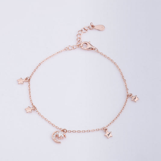925 Silver Moon & Star Charms Bracelet (Rose-Gold Finish)