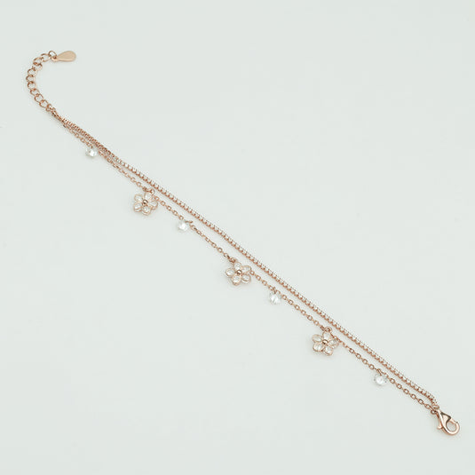 925 Silver Flower Charm Double Layered Bracelet (Rose-Gold Finish)