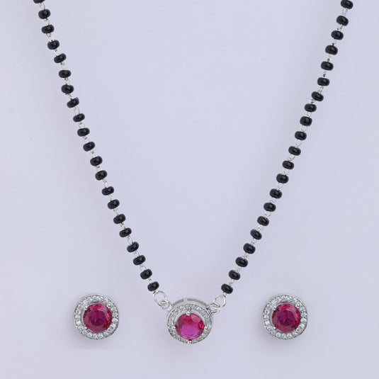 925 Silver Red Stone Circular Cut Mangalsutra Set