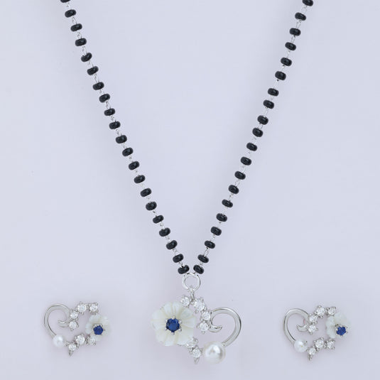 925 Silver Blooming Heart with Blue Stone & Pearl Detail Mangalsutra Set