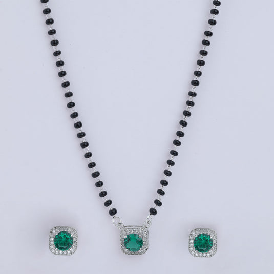 925 Silver Green Stone Square Cut Mangalsutra Set