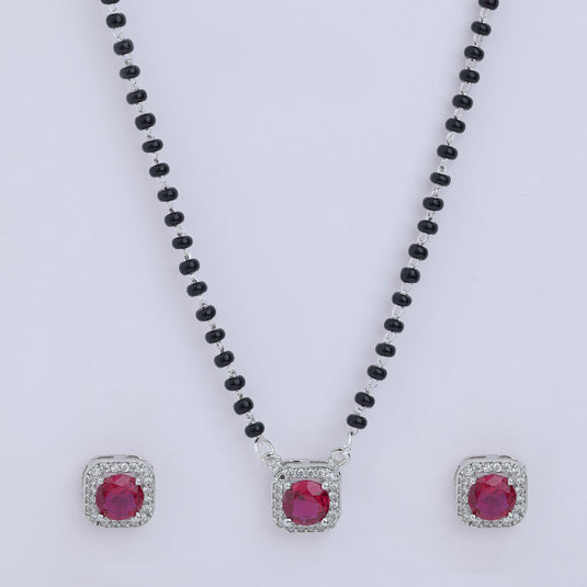 925 Silver Red Stone Square Cut Mangalsutra Set
