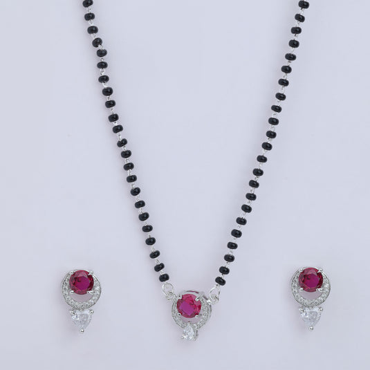 925 Silver Red Stone Circular Drop Mangalsutra Set