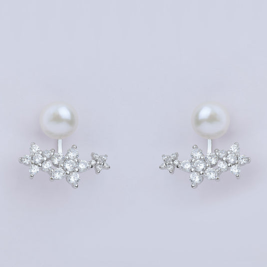 925 Silver Floral Cluster & Pearl Drop Earrings