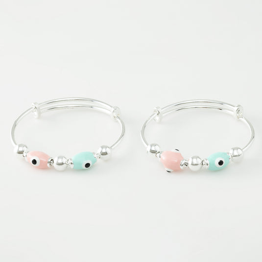 925 Silver Pink & Blue Enamel Oval Beads Evil Eye Baby Kada