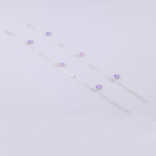 925 Silver Lavendar Enamel Daisy Anklet