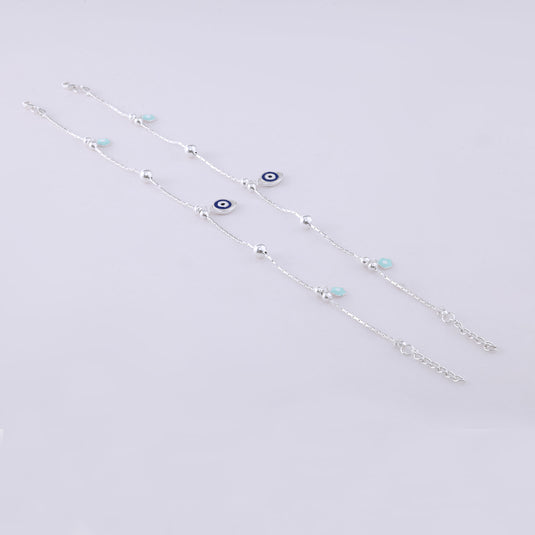 925 Silver Enamel Evil Eye & Blue Flower Anklet