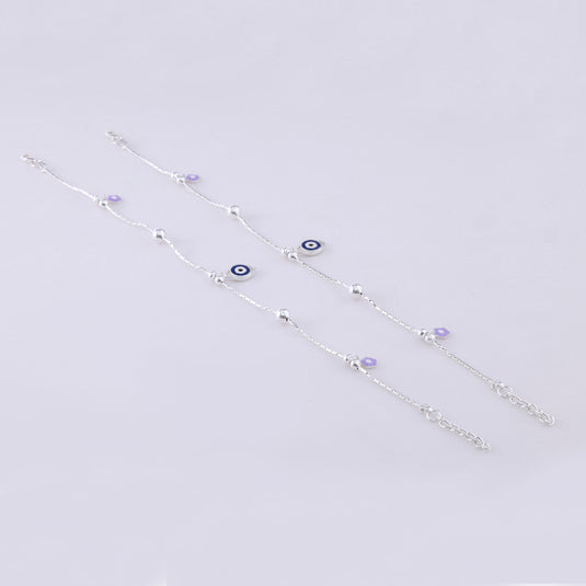925 Silver Enamel Evil Eye & Lavendar Flower Anklet
