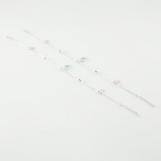 925 Silver Enamel Evil Eye & Pink Flower Anklet