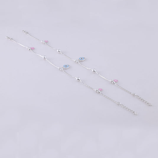 925 Silver Enamel Evil Eye & Pink Flower Anklet