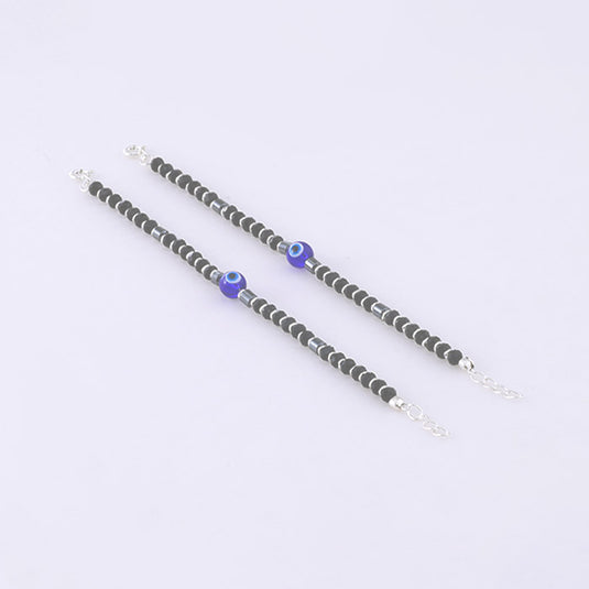Black Beads Minimal Silver Anklet