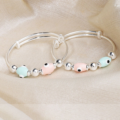 925 Silver Pink & Blue Enamel Oval Beads Evil Eye Baby Kada