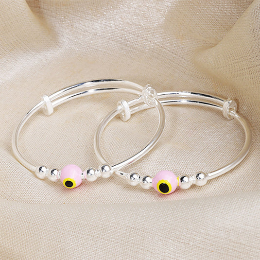 Tiny Pink Bead Silver Kada