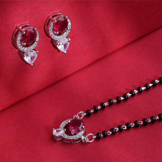 925 Silver Red Stone Circular Drop Mangalsutra Set