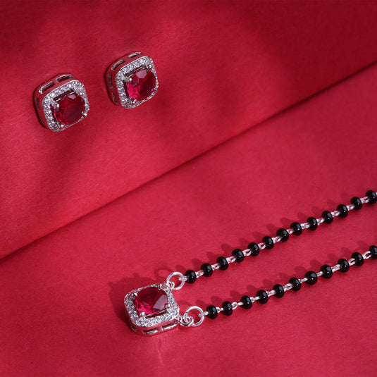 925 Silver Red Stone Square Cut Mangalsutra Set
