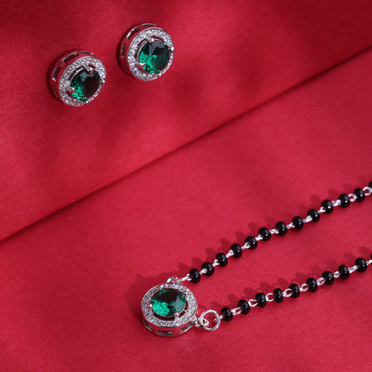 925 Silver Green Stone Circular Cut Mangalsutra Set
