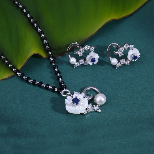 925 Silver Blooming Heart with Blue Stone & Pearl Detail Mangalsutra Set