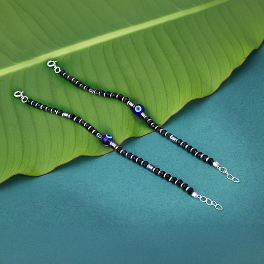 Black Beads Minimal Silver Anklet