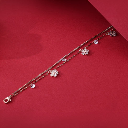 925 Silver Flower Charm Double Layered Bracelet (Rose-Gold Finish)
