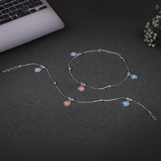 925 Silver Blue & Pink Enamel Daisy Anklet