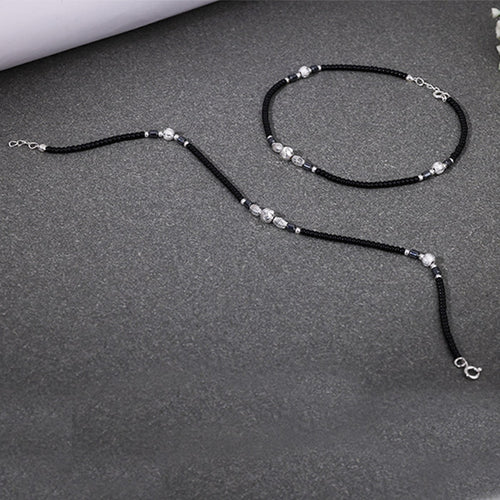925 Silver Black & Silver Beaded Anklet