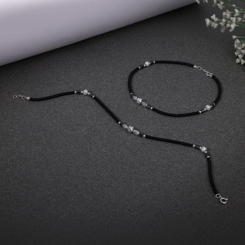 925 Silver Black & Silver Beaded Anklet