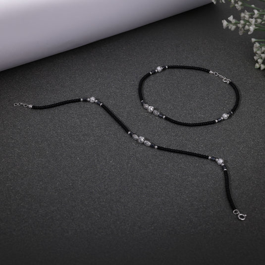 925 Silver Black & Silver Beaded Anklet