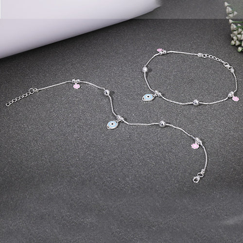 925 Silver Enamel Evil Eye & Pink Flower Anklet
