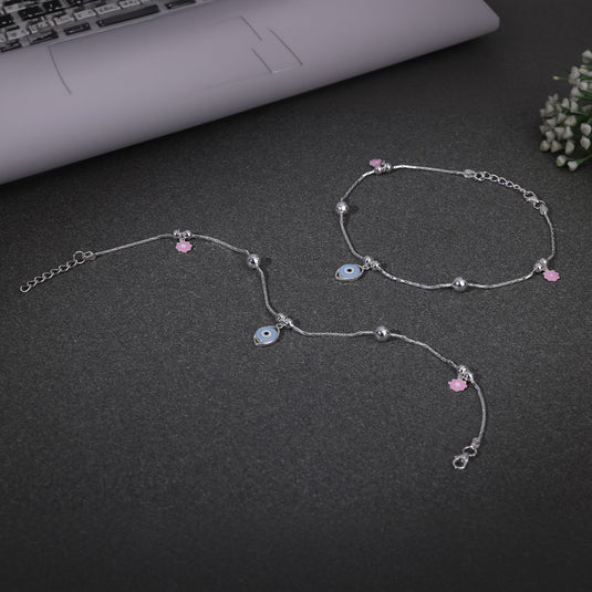 925 Silver Enamel Evil Eye & Pink Flower Anklet