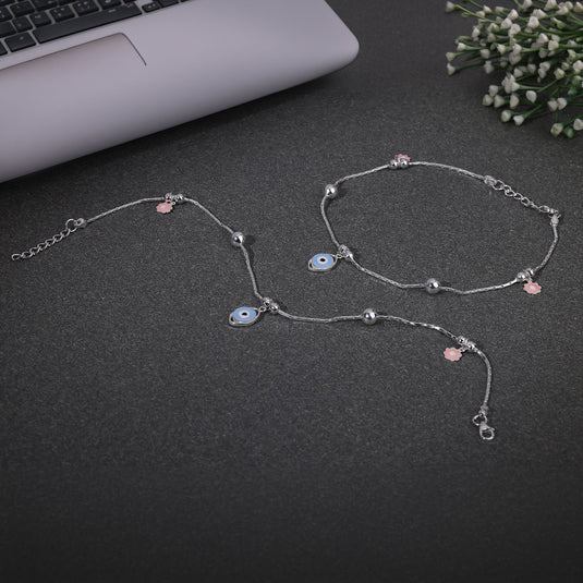 925 Silver Enamel Evil Eye & Pink Flower Anklet