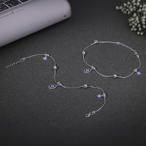 925 Silver Enamel Evil Eye & Lavendar Flower Anklet