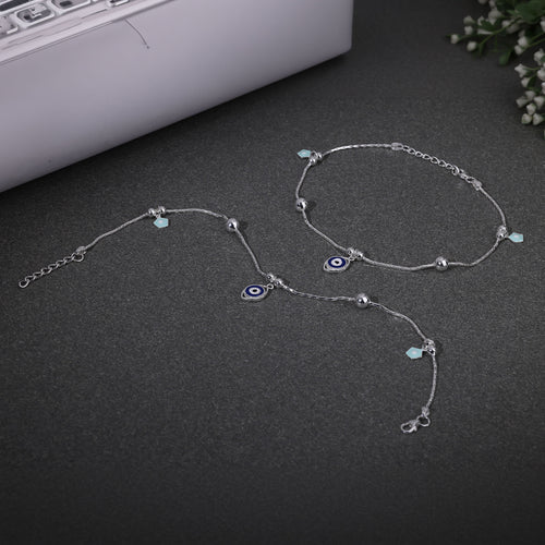 925 Silver Enamel Evil Eye & Blue Flower Anklet