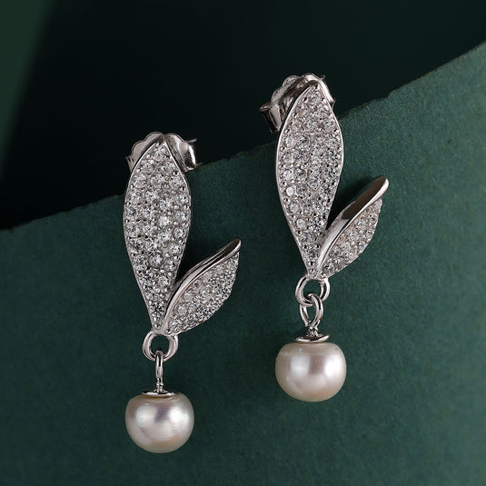 925 Silver Studded Leaf Pearl Drop Earrings