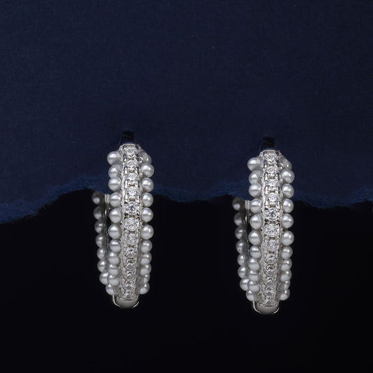925 Silver Studded Mini Pearls Hoop Earrings