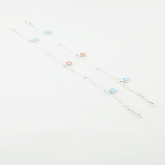 925 Silver Blue & Pink Enamel Daisy Anklet