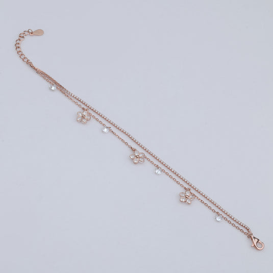 925 Silver Flower Charm Double Layered Bracelet (Rose-Gold Finish)