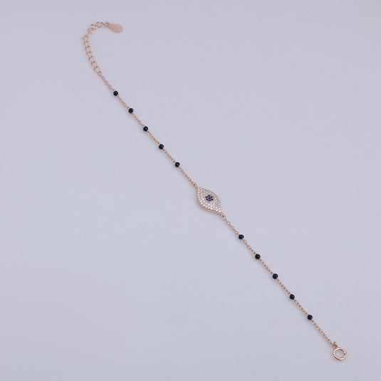 925 Silver Evil Eye & Black Beads Bracelet (Rose-Gold Finish)