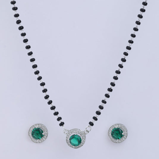 925 Silver Green Stone Circular Cut Mangalsutra Set