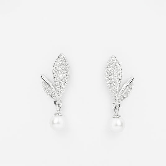 925 Silver Studded Leaf Pearl Drop Earrings