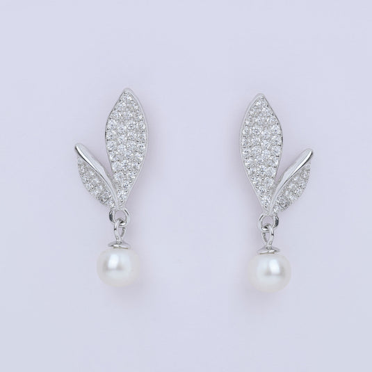 925 Silver Studded Leaf Pearl Drop Earrings