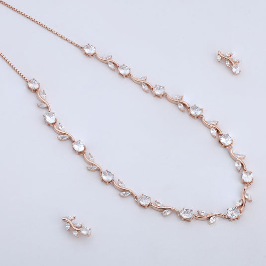 925 Silver Leaf Studded Necklace (Rose-Gold FInish)