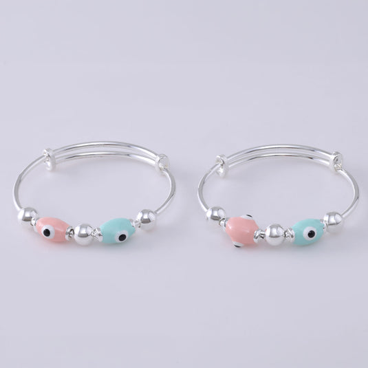 925 Silver Pink & Blue Enamel Oval Beads Evil Eye Baby Kada