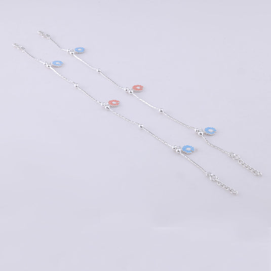 925 Silver Blue & Pink Enamel Daisy Anklet